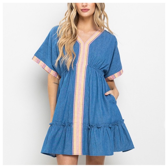 20 Boho Contrast Denim Shirring Detailed Tiered Dress - Picture 5 of 5